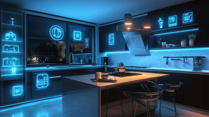 Wall Mural - contemporary kitchen featuring advanced technology and sleek design, illuminated with blue neon accents. modern appliances and stylish decor create futuristic atmosphere