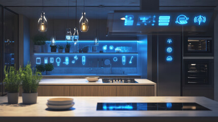 Wall Mural - Modern kitchen design featuring sleek cabinetry, illuminated shelves, and high tech appliances. blue lighting creates contemporary atmosphere, enhancing overall aesthetic appeal