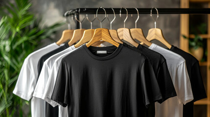 Poster - A collection of black and white t-shirts elegantly displayed on wooden hangers in a trendy boutique. The soft fabric and minimalistic design highlight contemporary fashion choices for all occasions