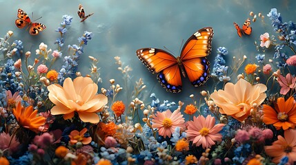 Wall Mural - Butterfly hovering over wildflowers, dreamy sky, floral arrangement, greeting card