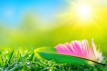 Wall Mural - Colorful feather resting on green leaf in sunlight, nature concept