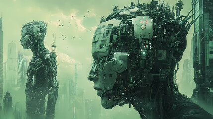 Imagine a post-human society where humans have merged with machines. Post-Human Evolution. Illustration