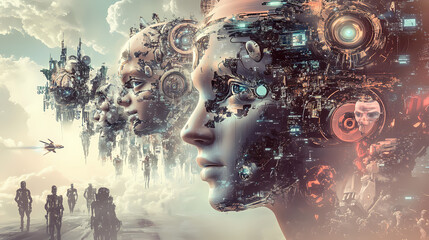 Imagine a post-human society where humans have merged with machines. Post-Human Evolution. Illustration