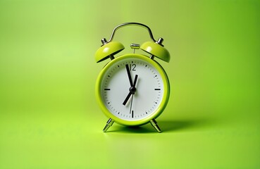 Bright lime green alarm clock shows time. Simple vintage design. Retro style. Minimalist design. Great for business, morning, deadline, and retro concepts. Focus is on clock face. Timeless classic.