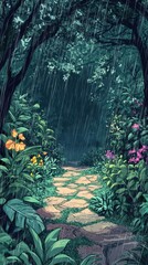 Wall Mural - A stone path winds through a lush forest in the rain