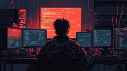Hacker sitting in front of multiple computer monitors coding