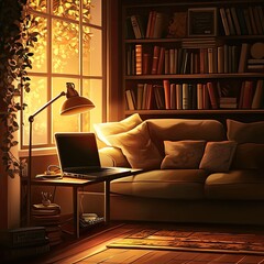 Wall Mural - Cozy living room with sofa, bookshelves, laptop, and warm sunlight streaming through window.