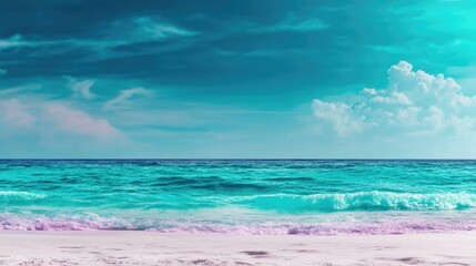 Wall Mural - Serene tropical beach with turquoise waves and pink sand under blue sky