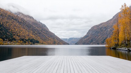 Wall Mural - Autumn lake view from wooden dock, mountains background, peaceful landscape, travel