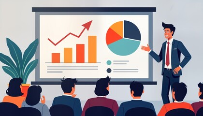 Poster - businessman gives presentation with graphs, charts on large screen. audience of people listen attent