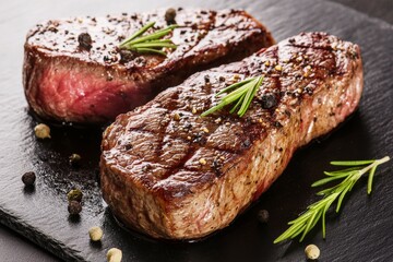 Wall Mural - Two pieces of steak with rosemary and pepper on top