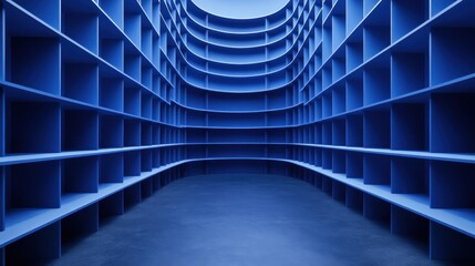 Wall Mural - Beautiful virtual background featuring deep blue walls and minimalist home office shelving