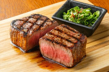 Wall Mural - Two pieces of steak are grilled and sitting on a wooden cutting board