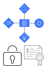 Central document connected to icons representing time, settings, teamwork, and ideas. Additional elements are a lock and a certified document with a seal. Ideal for project planning, innovation