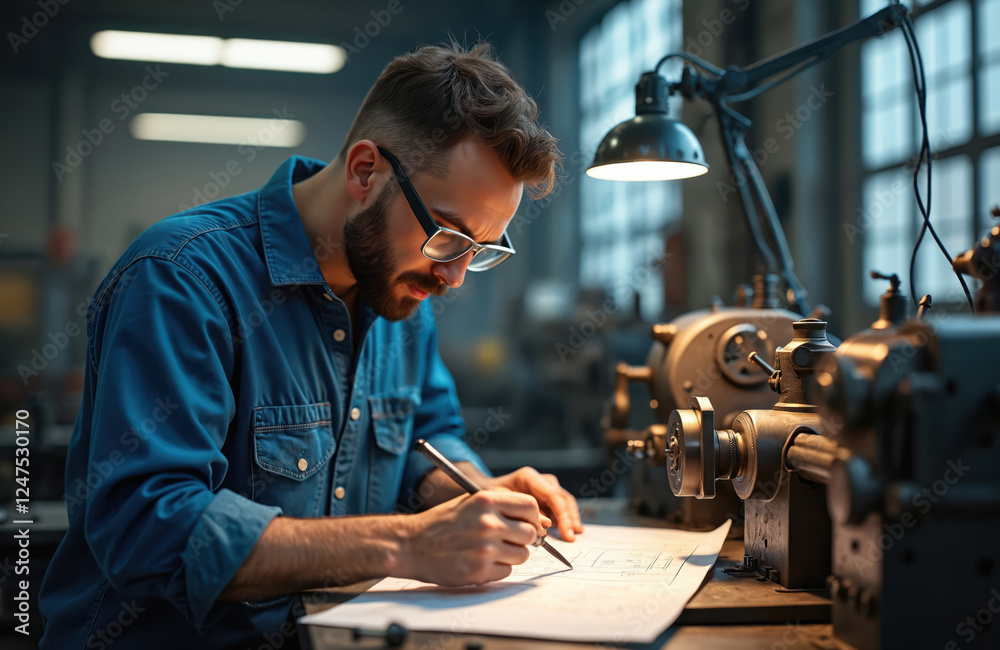 Man in workshop working on blueprints. Works on industrial machine. Pro ...