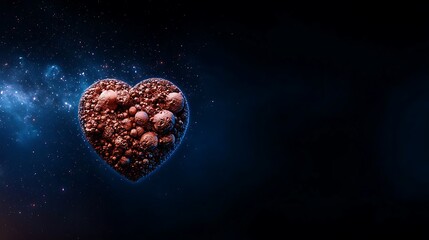 Abstract heart shape formed by cosmic elements floating in a dark starry background