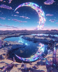 Wall Mural - A desert wasteland with melting Borax molten pools a neon skyline and a holographic sun