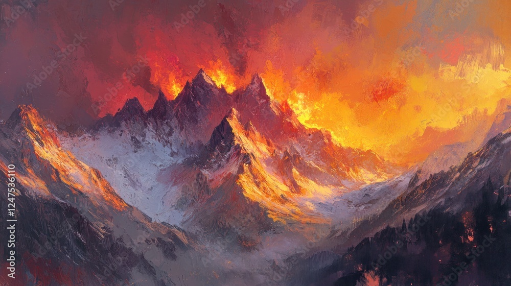 A dramatic mountain landscape with fiery skies and snow-capped peaks.