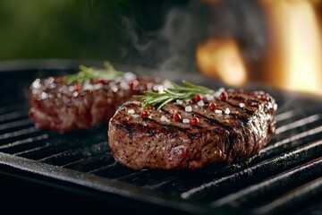 Wall Mural - Two pieces of meat are on a grill, one of which has a sprig of rosemary on top