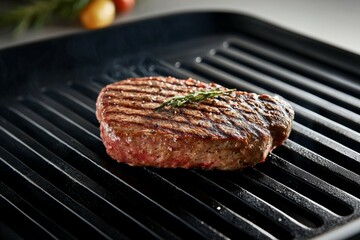 Wall Mural - Piece of meat is on a grill, with a few herbs sprinkled on top