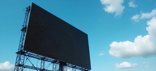 Large outdoor LED screen stands against clear blue sky with fluffy white clouds. Modern billboard empty ready for advertisement. Blank digital display offers versatile use for business promotion