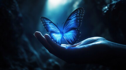 Glowing blue butterfly on hand, dark cave background, fantasy art