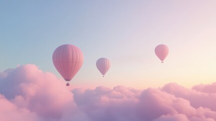 Pastel hot air balloons soar above dreamy clouds at sunrise, idyllic travel poster