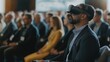© GreenOptix - Immersive VR experience at a business conference, focus on a keynote speaker in a suit and VR headset interacting with a virtual environment