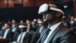 © GreenOptix - Immersive VR experience at a business conference, focus on a keynote speaker in a suit and VR headset interacting with a virtual environment