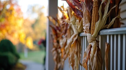 Autumn's Embrace: Corn Stalks Adorn a Porch with Seasonal Beauty