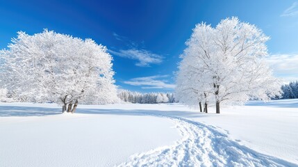 Wall Mural - Snowy landscape, winter trees, footpath, clear sky