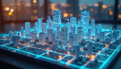 Poster - digital twin city model displayed on large screen. urban planning, disaster management tech use. nig