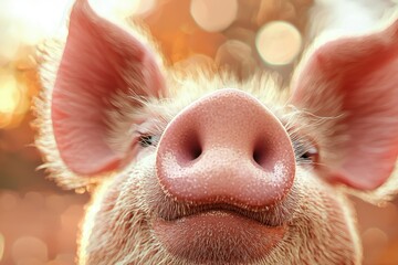 Wall Mural - Adorable piglet with perked-up ears and a joyful expression, glowing in golden light.