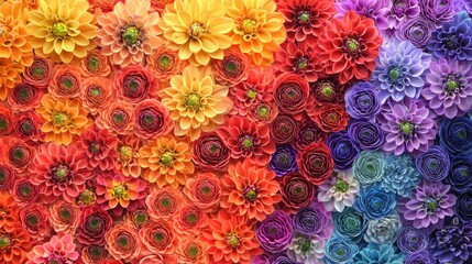 Aufkleber - A vibrant array of dahlias and ranunculus blossoms, bursting with color, creates an eye-catching display. Their intricate petals draw attention in a lively market setting alive with visitors