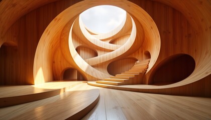 Poster - wooden interior design with captivating curves. elegant, modern space. natural light streams through