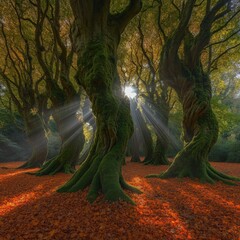 Wall Mural - Enchanting Sunlit Forest Grove with Majestic Twisted Trees and Autumn Leaves, Capturing Ethereal Light Beams, Mystical Nature Scene, Serene Woodland Landscape