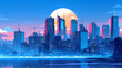 © 963k - 幻想的な都市の夜景｜ブルーとピンクの輝く高層ビル群