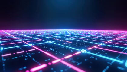 Poster - futuristic tech abstract background shows perspective floor with cyan blue, purple neon glow light l