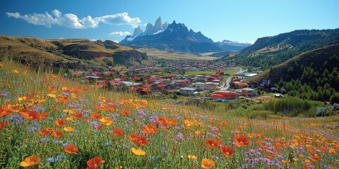 Canvas Print - Breathtaking Patagonia landscape with vibrant wildflower meadow, majestic mountains under a clear blue sky, picturesque village nestled below in the scenic valley