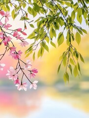 Wall Mural - Delicate pink blossoms and vibrant green leaves near tranquil water surface, springtime beauty concept