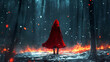 © Thiago - Futuristic red riding hood with cybernetic features standing in wintry forest with glowing embers. Fairy Tale Reimagining. Illustration