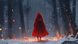© Thiago - Futuristic red riding hood with cybernetic features standing in wintry forest with glowing embers. Fairy Tale Reimagining. Illustration