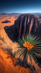 Wall Mural - Stunning Desert Landscape with Vibrant Yucca Plant and Striking Rock Formation Under a Dramatic Blue Sky in Vast Orange Sand Dunes | Desert Flora and Scenery