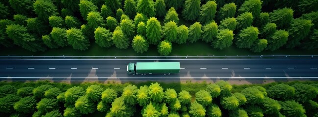 Wall Mural - Eco-friendly green truck travels on road surrounded by rich forest. Sustainable transportation concept. Natural resource conservation. Scenic landscape. Beautiful scenery. Clean energy. Renewable