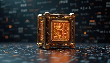 Poster - advanced quantum computer model stands against complex formulas. futuristic tech concept shows innov