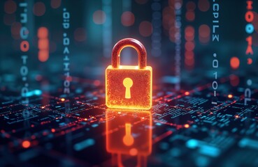 Poster - digital security concept. padlock on circuit board. binary code visible in background. modern tech. 