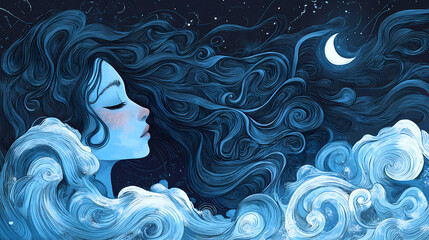 Wall Mural - Blue waves. Fairy Tale Reimagining. Illustration