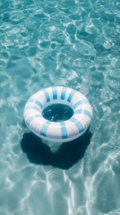 Aufkleber - A buoyant inflatable ring drifts gently in the tranquil waters, reflecting a clear summer sky. The soft pastel stripes evoke a playful, carefree escape to paradise