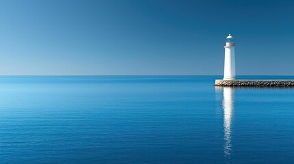 coastal lighthouse reflecting on calm sea, sunny day
