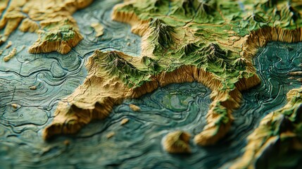 Wall Mural - Coastal Mountain Range Relief Map, Green Hills, Ocean, Background Texture